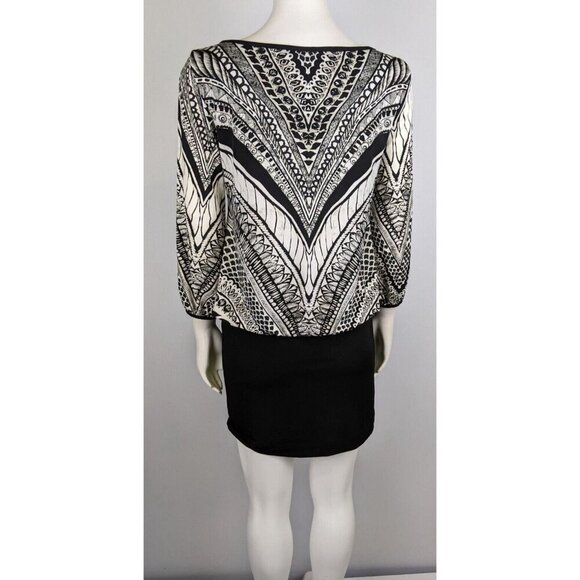 NICOLE BY NICOLE MILLER - WOMEN'S BLACK & CREAM PRINT STRETCH BLOUSON DRESS - S - Picture 10 of 11